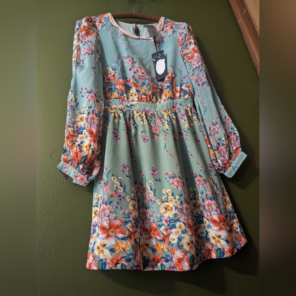 Floral Mod Style Dress with Balloon sleeves, Peter Pan Collar
